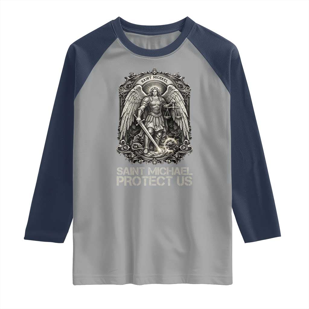 St Michael The Archangel Protect Us Raglan Shirt Christian Faith Gift TS12 Sport Gray Navy Print Your Wear