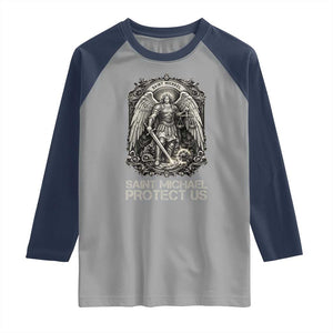 St Michael The Archangel Protect Us Raglan Shirt Christian Faith Gift TS12 Sport Gray Navy Print Your Wear