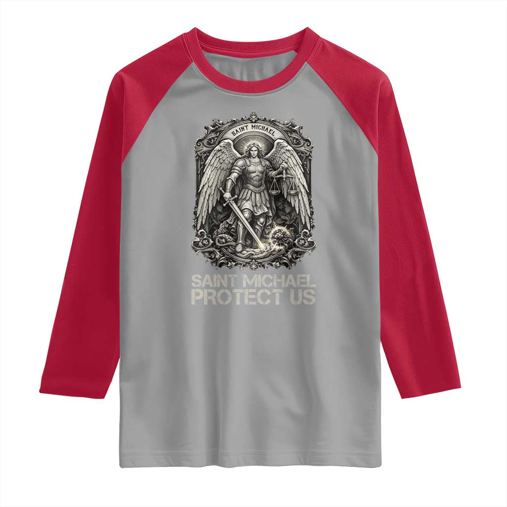 St Michael The Archangel Protect Us Raglan Shirt Christian Faith Gift TS12 Sport Gray Red Print Your Wear