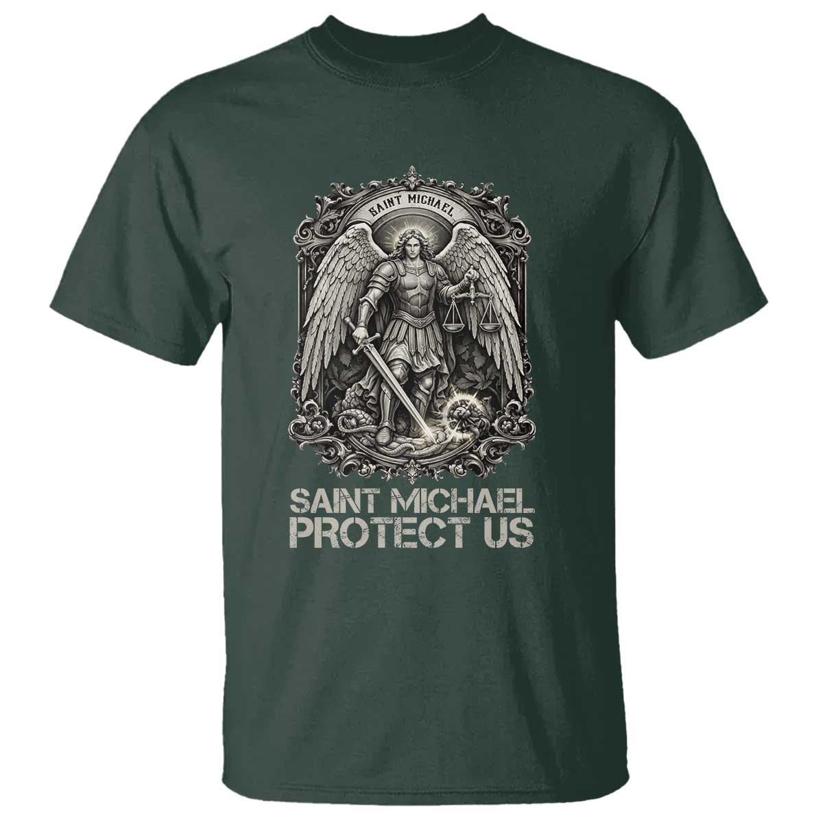 St Michael The Archangel Protect Us T Shirt Christian Faith Gift TS12 Dark Forest Green Print Your Wear