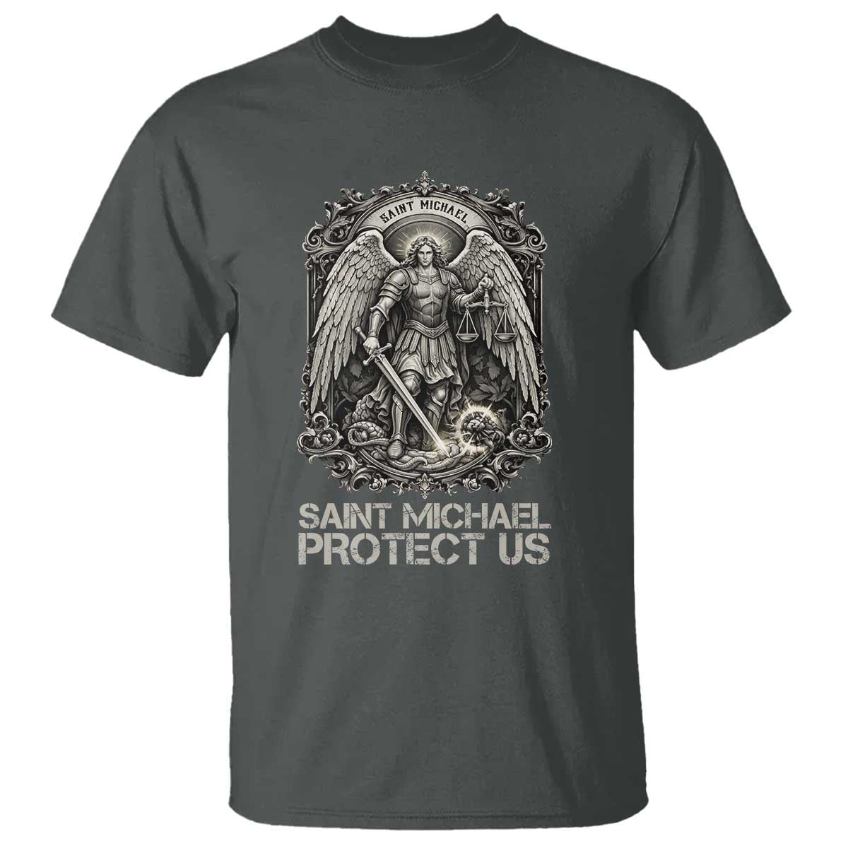 St Michael The Archangel Protect Us T Shirt Christian Faith Gift TS12 Dark Heather Print Your Wear