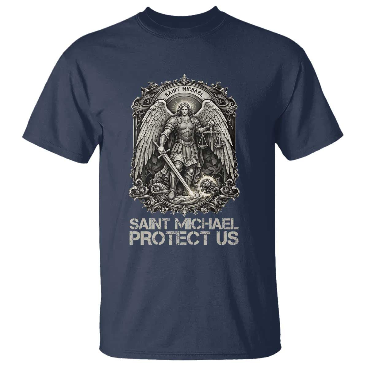 St Michael The Archangel Protect Us T Shirt Christian Faith Gift TS12 Navy Print Your Wear