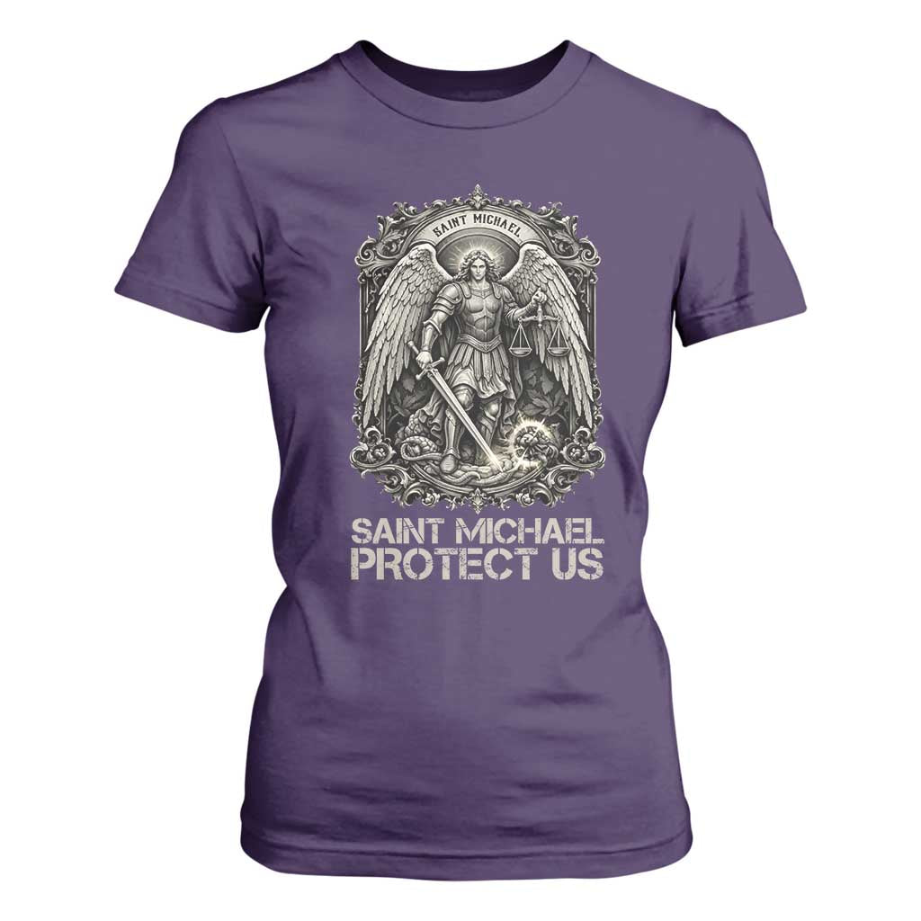 St Michael The Archangel Protect Us T Shirt For Women Christian Faith Gift TS12 Purple Print Your Wear