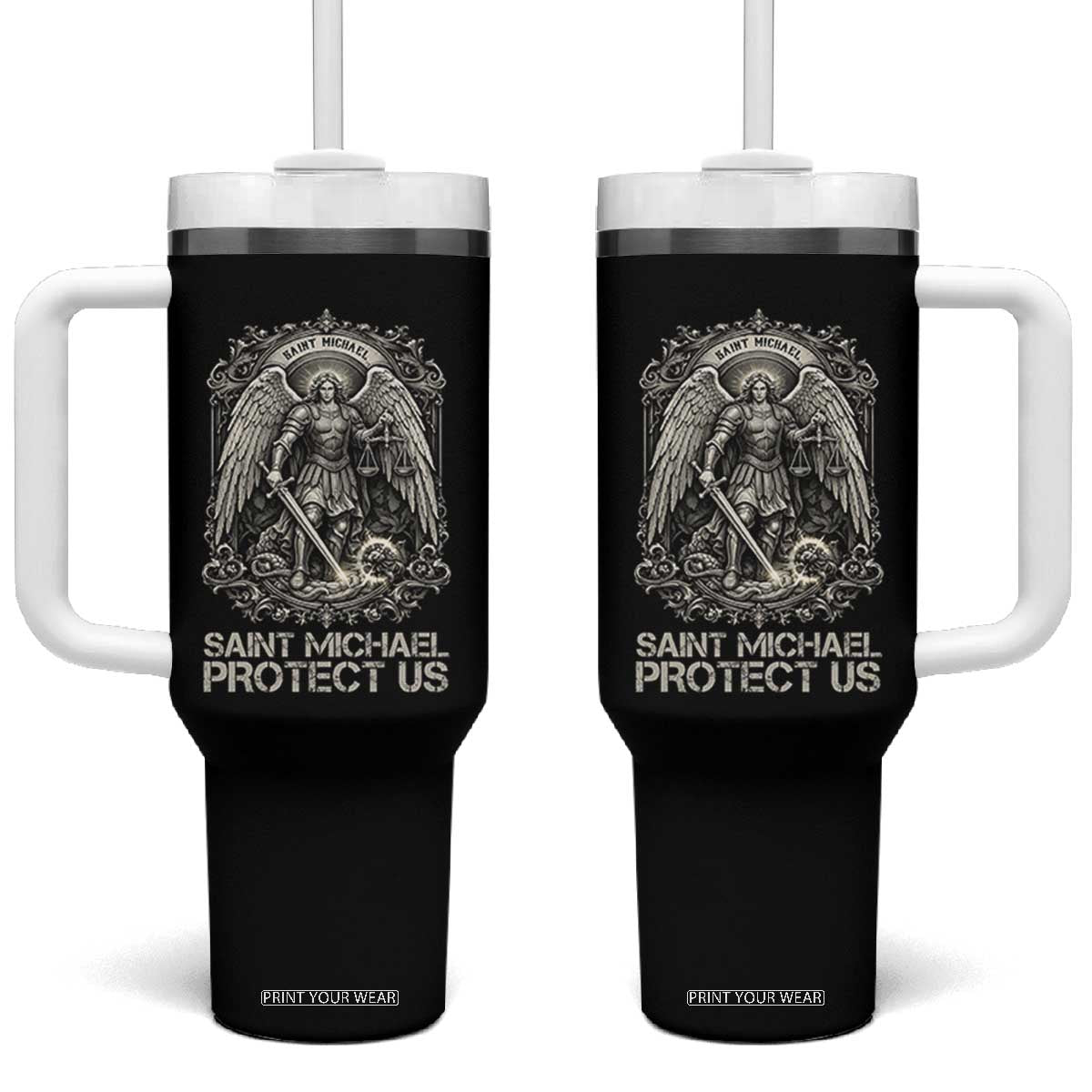 St Michael The Archangel Protect Us Tumbler With Handle Christian Faith Gift TS12 One Size: 40 oz Black Print Your Wear
