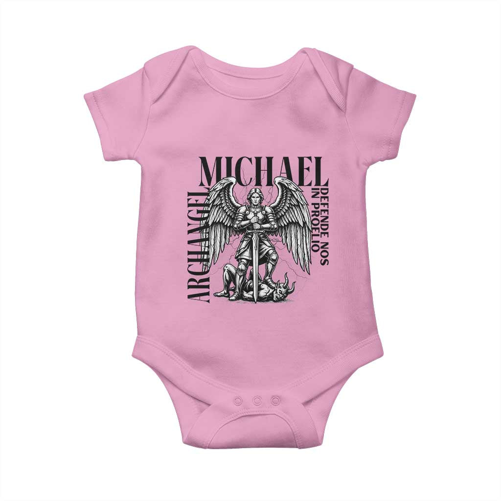 Saint Michael Archangel Defende Nos In Proelio Baby Onesie Christian Faith Gift TS12 Light Pink Print Your Wear