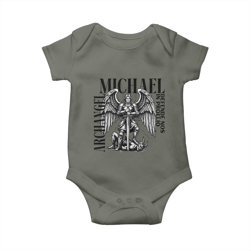 Saint Michael Archangel Defende Nos In Proelio Baby Onesie Christian Faith Gift TS12 Military Green Print Your Wear