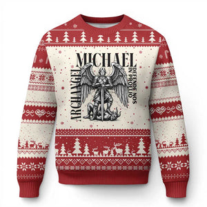 Saint Michael Archangel Defende Nos In Proelio Ugly Christmas Sweater Christian Faith Gift TS12 Beige Red Print Your Wear