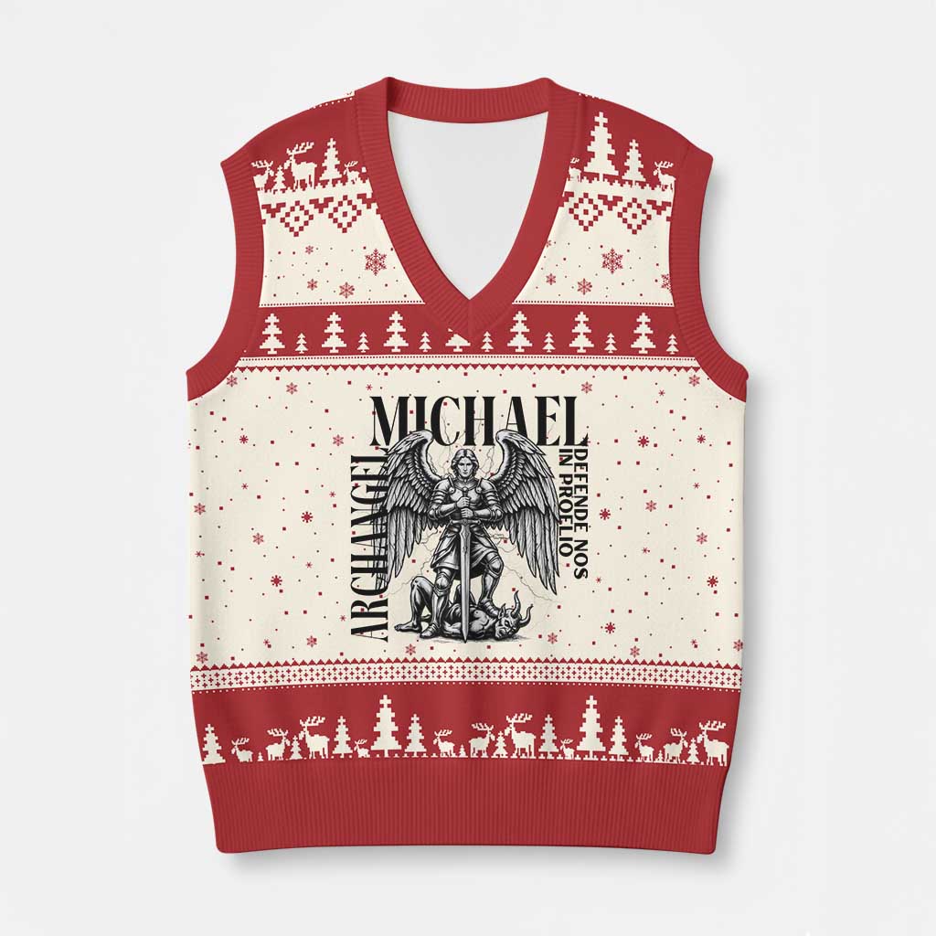 Saint Michael Archangel Defende Nos In Proelio V-Neck Knit Sweater Vest Christian Faith Gift TS12 Beige Red Print Your Wear