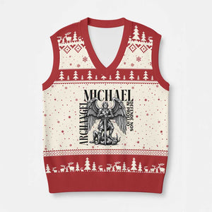 Saint Michael Archangel Defende Nos In Proelio V-Neck Knit Sweater Vest Christian Faith Gift TS12 Beige Red Print Your Wear