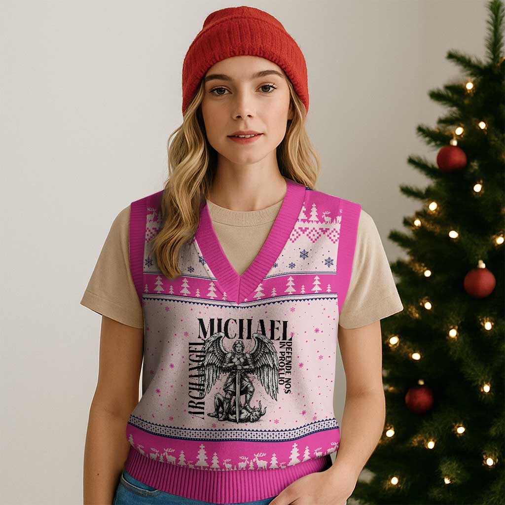 Saint Michael Archangel Defende Nos In Proelio V-Neck Knit Sweater Vest Christian Faith Gift TS12 Hot Pink Print Your Wear