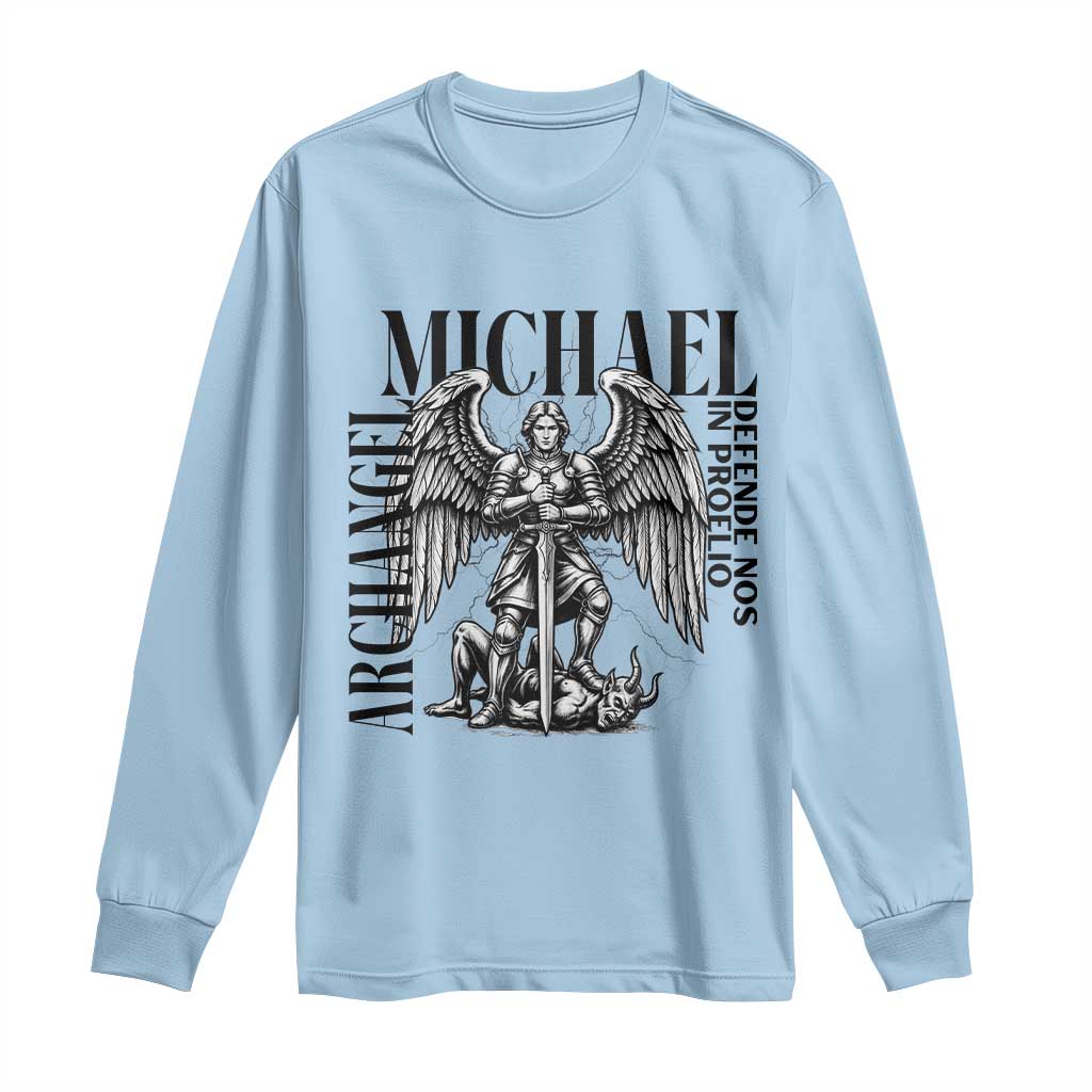 Saint Michael Archangel Defende Nos In Proelio Long Sleeve Shirt Christian Faith Gift TS12 Light Blue Print Your Wear