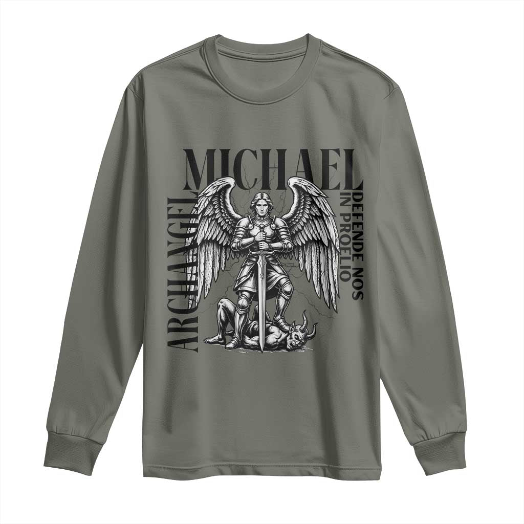 Saint Michael Archangel Defende Nos In Proelio Long Sleeve Shirt Christian Faith Gift TS12 Military Green Print Your Wear