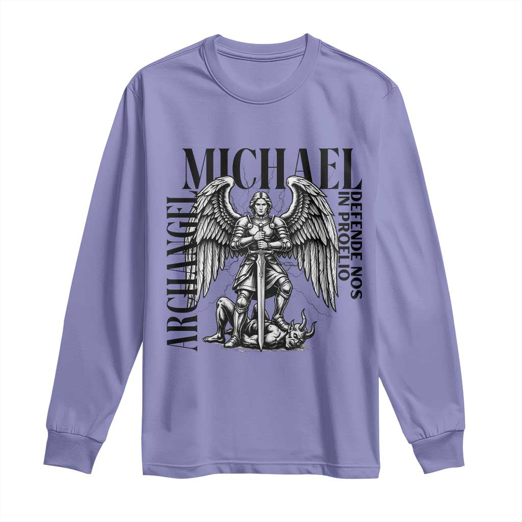 Saint Michael Archangel Defende Nos In Proelio Long Sleeve Shirt Christian Faith Gift TS12 Violet Print Your Wear