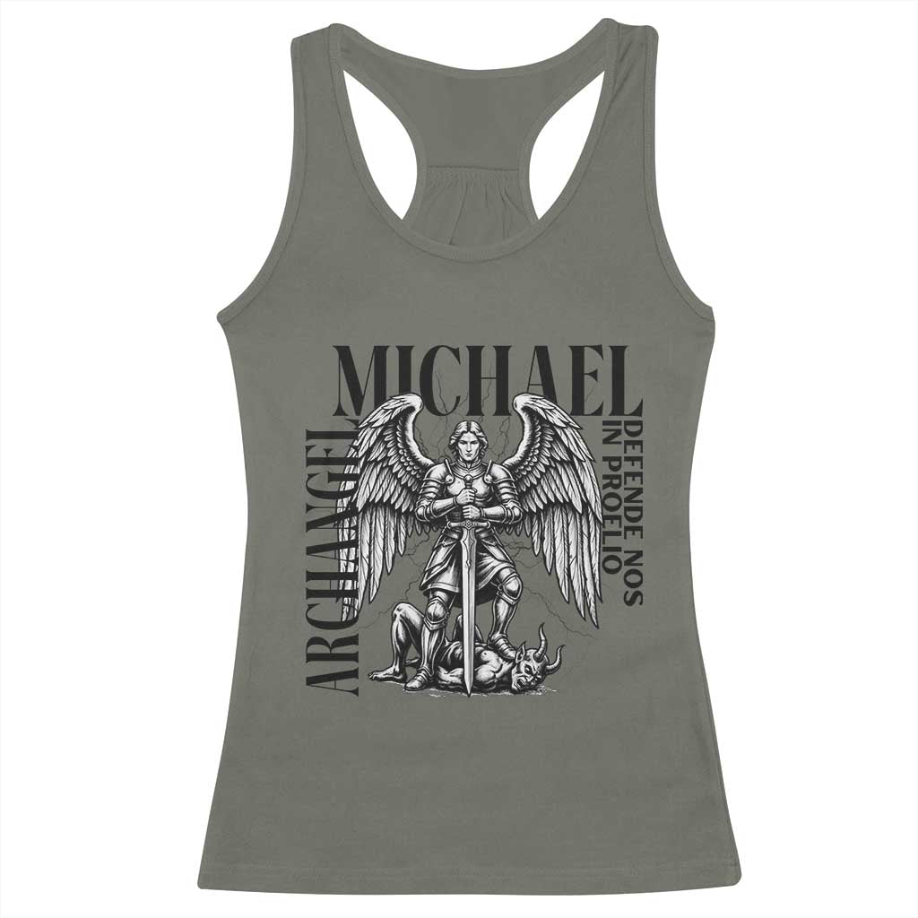 Saint Michael Archangel Defende Nos In Proelio Racerback Tank Top Christian Faith Gift TS12 Military Green Print Your Wear