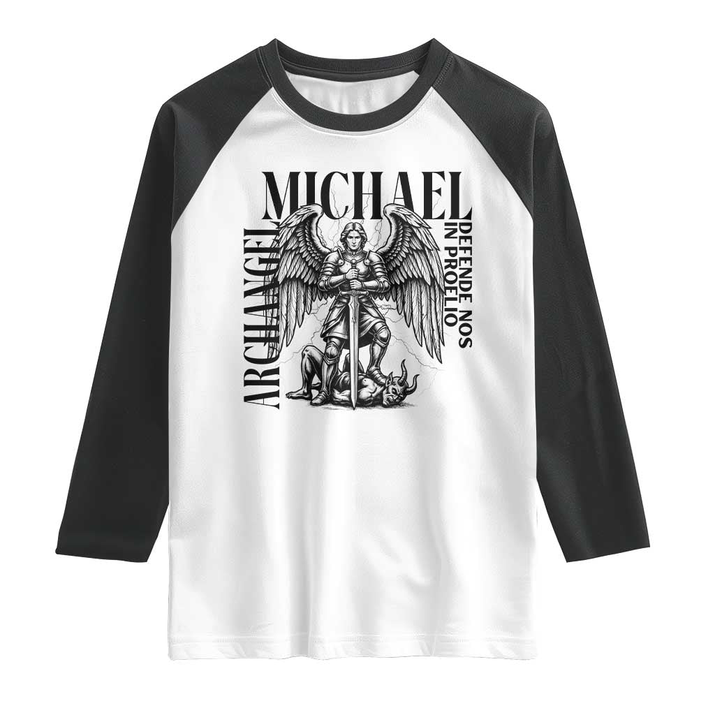 Saint Michael Archangel Defende Nos In Proelio Raglan Shirt Christian Faith Gift TS12 White Black Print Your Wear