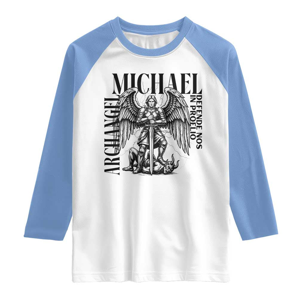 Saint Michael Archangel Defende Nos In Proelio Raglan Shirt Christian Faith Gift TS12 White Carolina Blue Print Your Wear