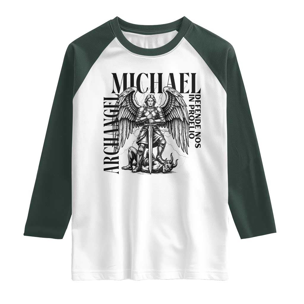 Saint Michael Archangel Defende Nos In Proelio Raglan Shirt Christian Faith Gift TS12 White Dark Forest Green Print Your Wear