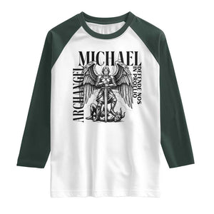 Saint Michael Archangel Defende Nos In Proelio Raglan Shirt Christian Faith Gift TS12 White Dark Forest Green Print Your Wear