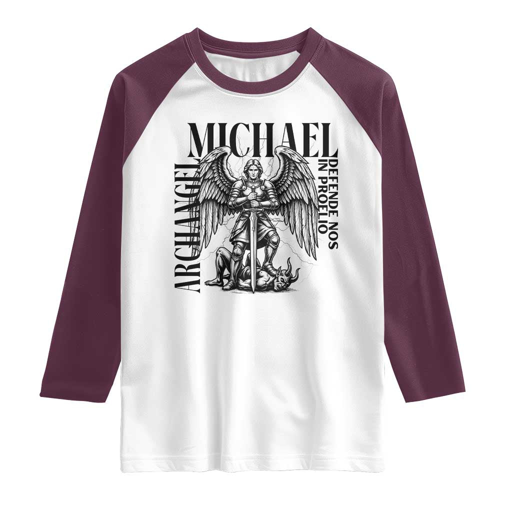 Saint Michael Archangel Defende Nos In Proelio Raglan Shirt Christian Faith Gift TS12 White Maroon Print Your Wear