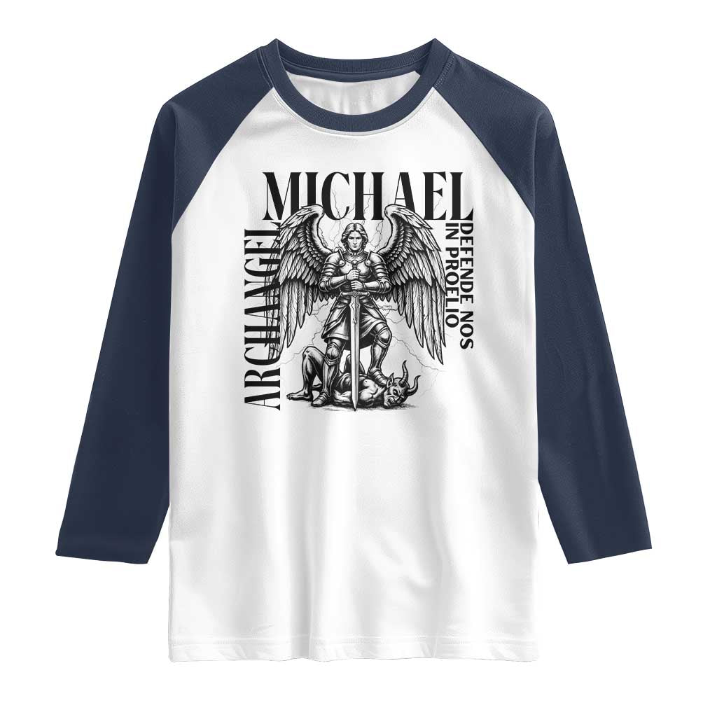Saint Michael Archangel Defende Nos In Proelio Raglan Shirt Christian Faith Gift TS12 White Navy Print Your Wear