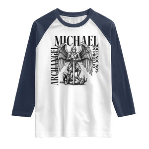 Saint Michael Archangel Defende Nos In Proelio Raglan Shirt Christian Faith Gift TS12 White Navy Print Your Wear