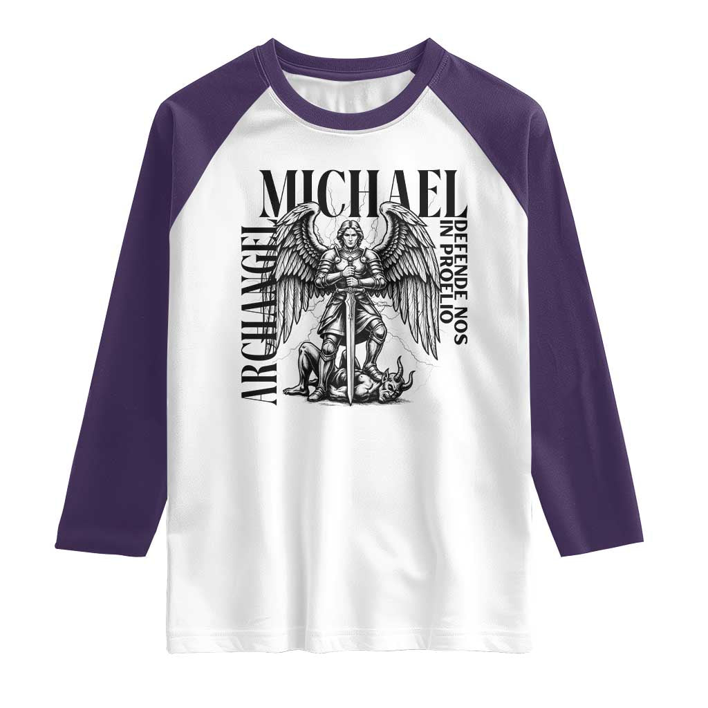 Saint Michael Archangel Defende Nos In Proelio Raglan Shirt Christian Faith Gift TS12 White Purple Print Your Wear