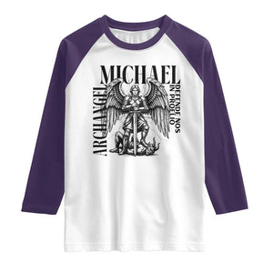 Saint Michael Archangel Defende Nos In Proelio Raglan Shirt Christian Faith Gift TS12 White Purple Print Your Wear