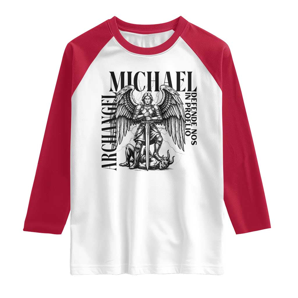 Saint Michael Archangel Defende Nos In Proelio Raglan Shirt Christian Faith Gift TS12 White Red Print Your Wear