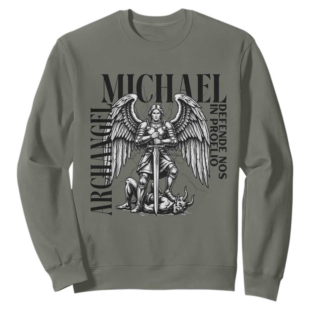 Saint Michael Archangel Defende Nos In Proelio Sweatshirt Christian Faith Gift TS12 Military Green Print Your Wear
