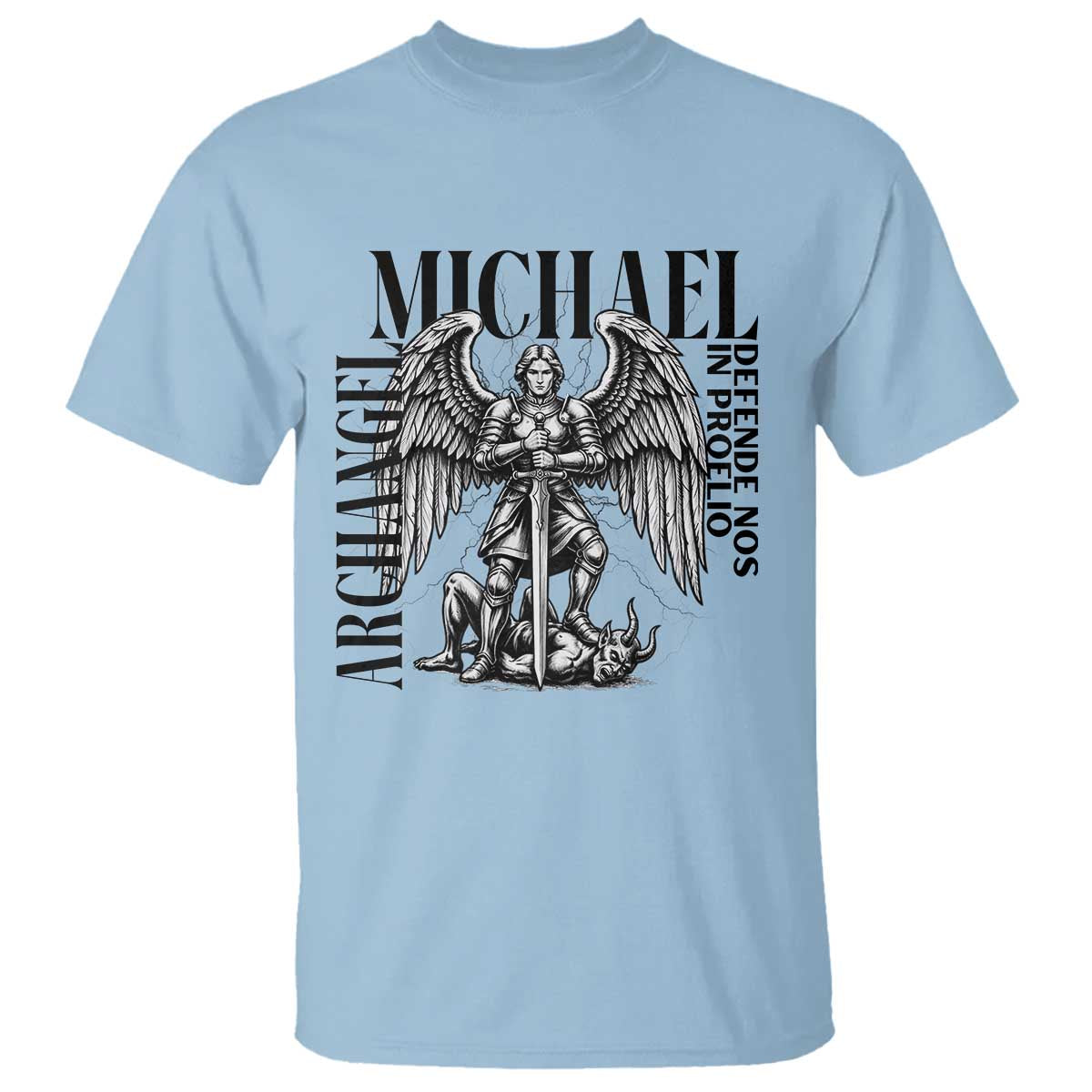 Saint Michael Archangel Defende Nos In Proelio T Shirt Christian Faith Gift TS12 Light Blue Print Your Wear