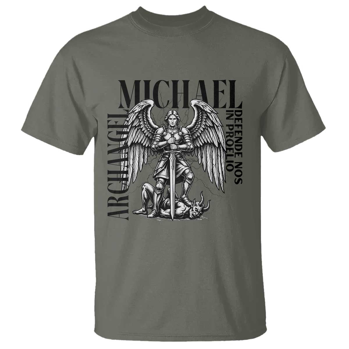 Saint Michael Archangel Defende Nos In Proelio T Shirt Christian Faith Gift TS12 Military Green Print Your Wear