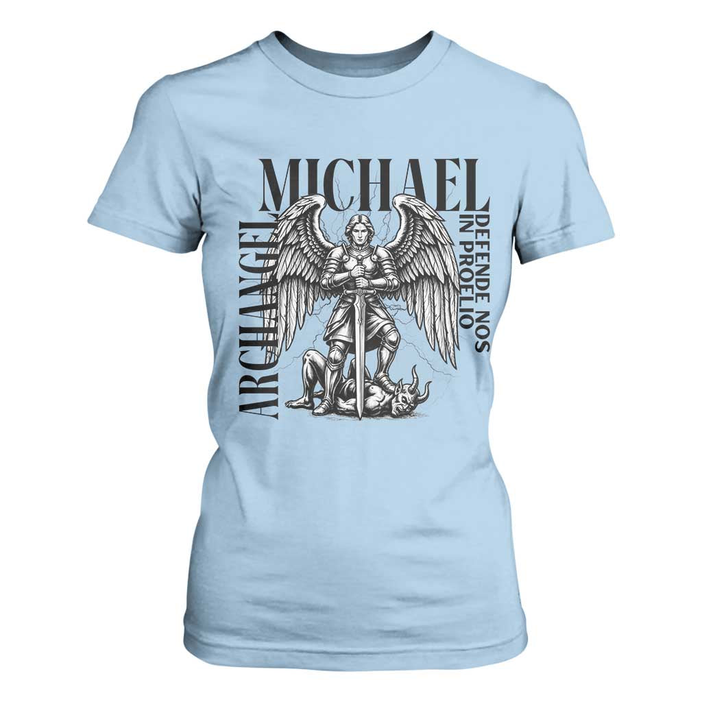 Saint Michael Archangel Defende Nos In Proelio T Shirt For Women Christian Faith Gift TS12 Light Blue Print Your Wear