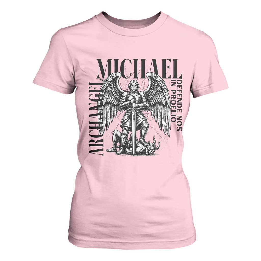 Saint Michael Archangel Defende Nos In Proelio T Shirt For Women Christian Faith Gift TS12 Light Pink Print Your Wear