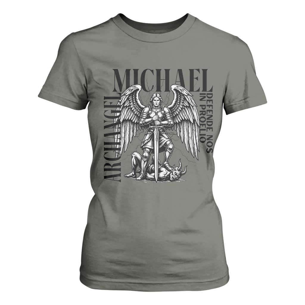 Saint Michael Archangel Defende Nos In Proelio T Shirt For Women Christian Faith Gift TS12 Military Green Print Your Wear