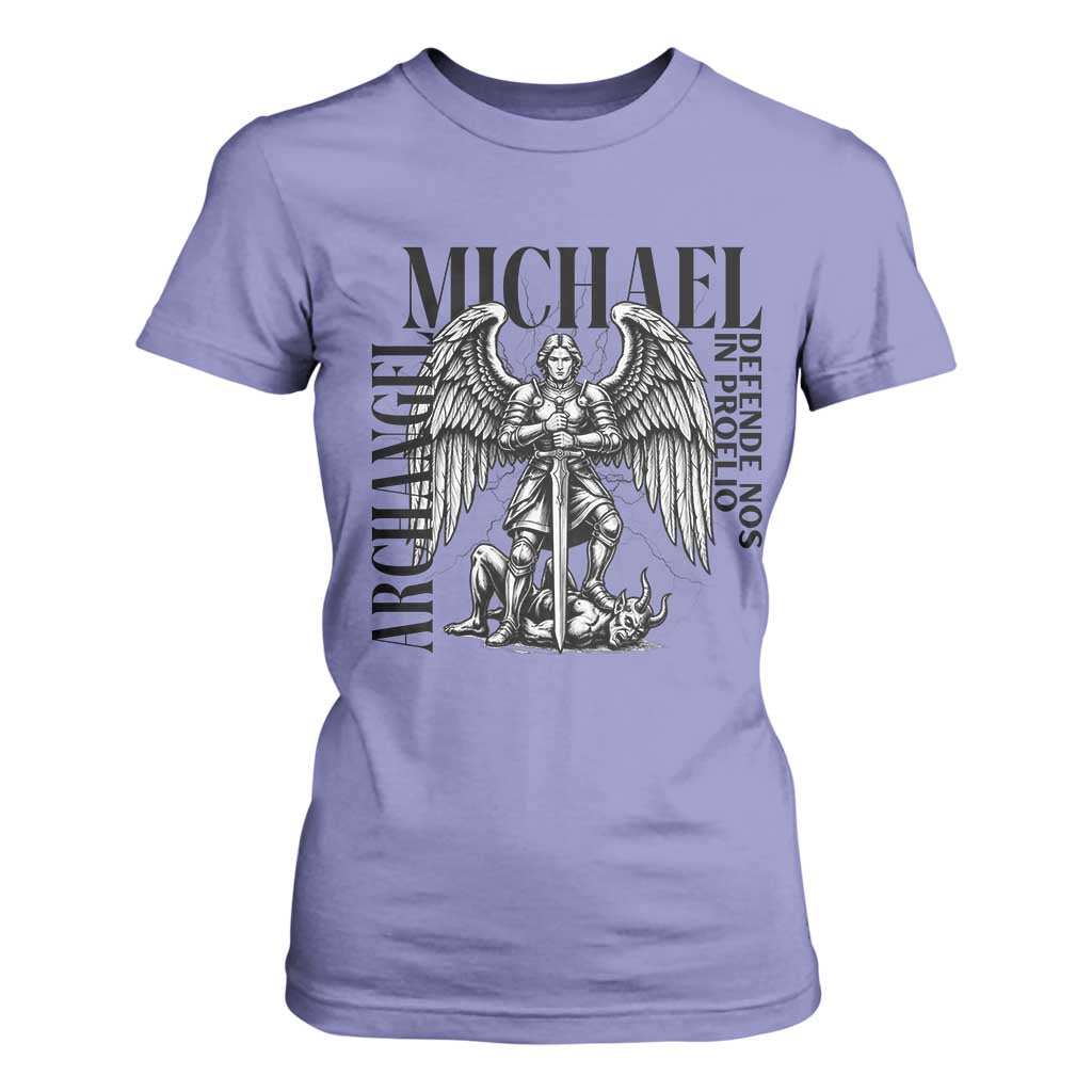Saint Michael Archangel Defende Nos In Proelio T Shirt For Women Christian Faith Gift TS12 Violet Print Your Wear