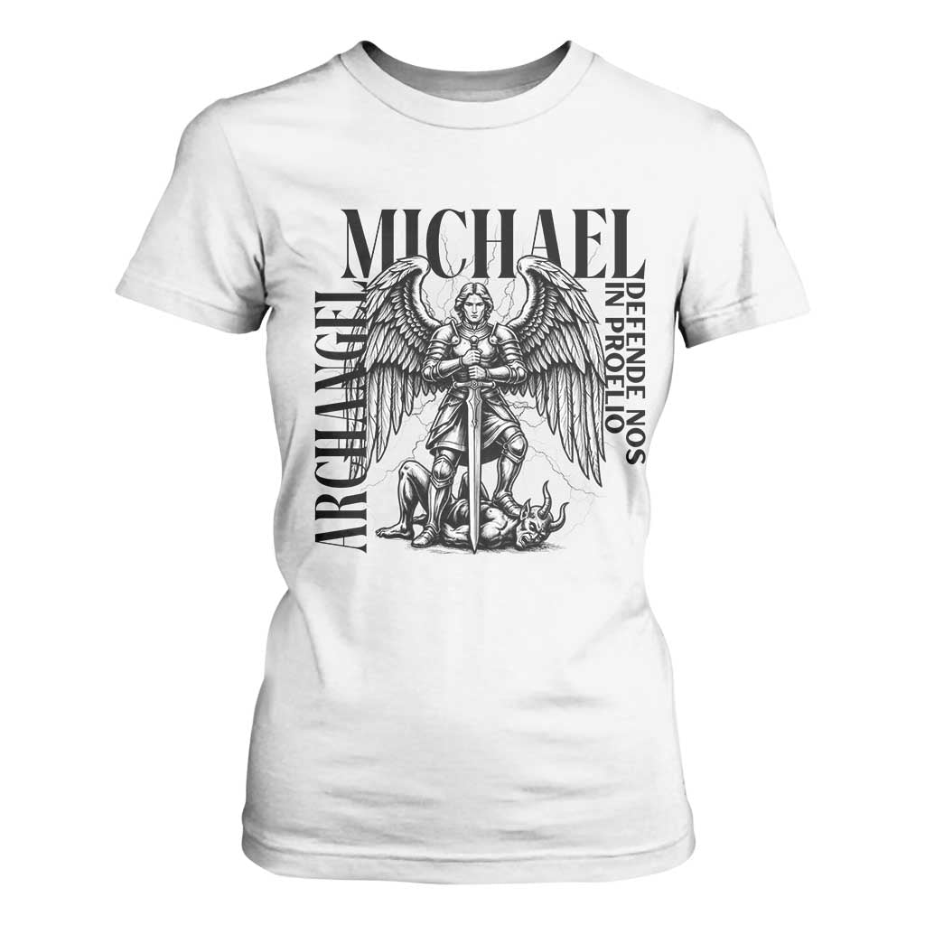 Saint Michael Archangel Defende Nos In Proelio T Shirt For Women Christian Faith Gift TS12 White Print Your Wear