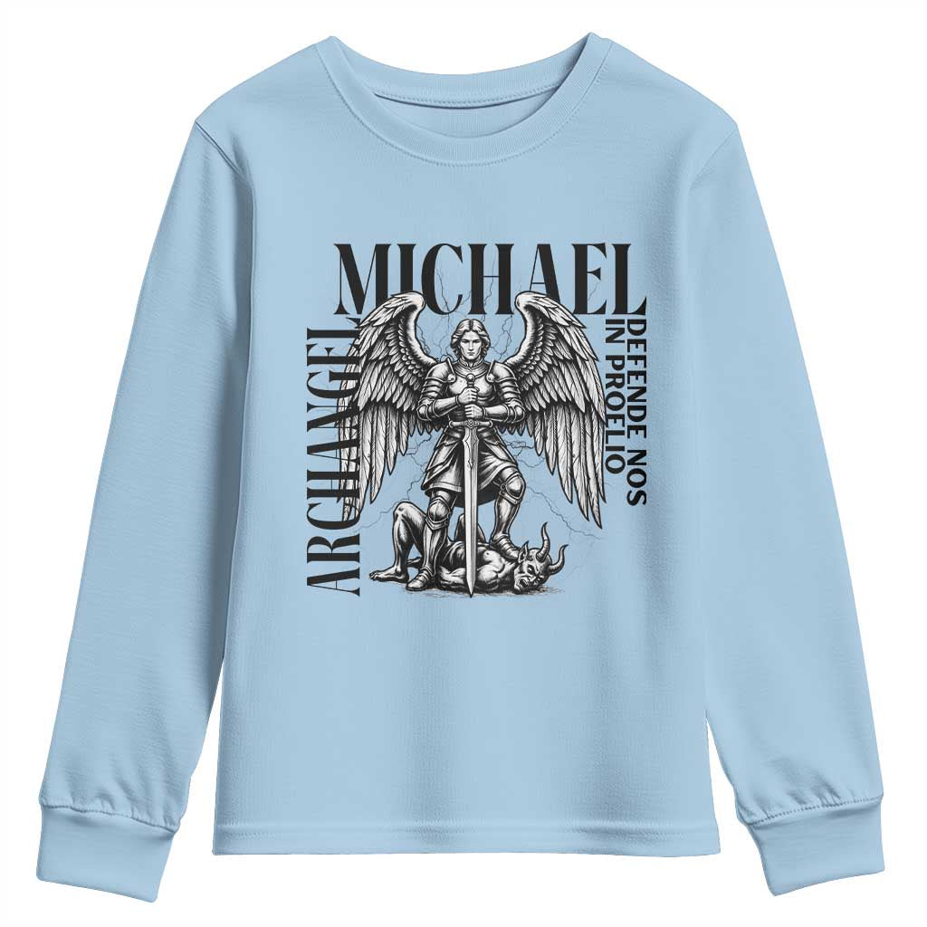 Saint Michael Archangel Defende Nos In Proelio Youth Sweatshirt Christian Faith Gift TS12 Light Blue Print Your Wear