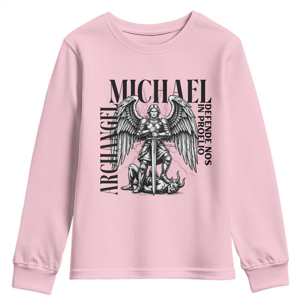 Saint Michael Archangel Defende Nos In Proelio Youth Sweatshirt Christian Faith Gift TS12 Light Pink Print Your Wear