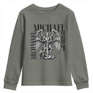 Saint Michael Archangel Defende Nos In Proelio Youth Sweatshirt Christian Faith Gift TS12 Military Green Print Your Wear