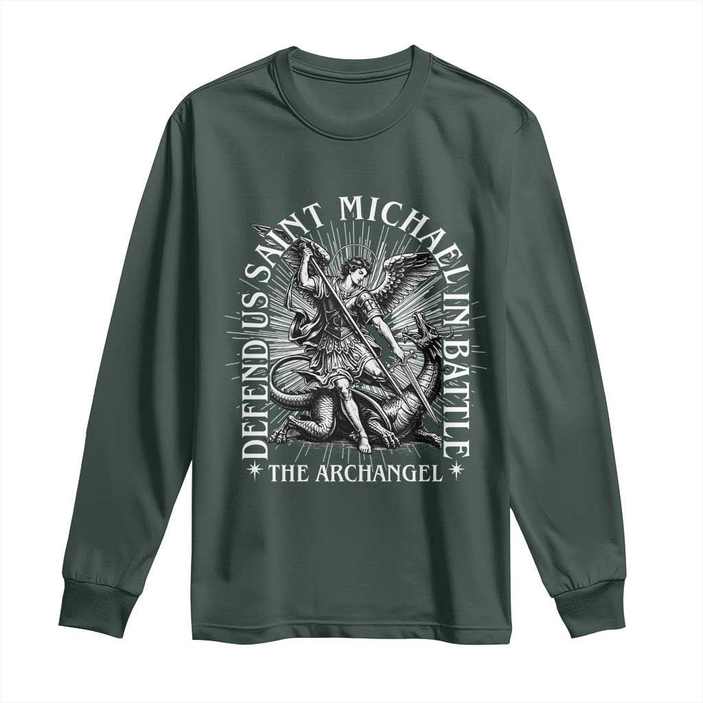 Saint Michael Defend Us In Battle Long Sleeve Shirt Catholic Protection Gift TS12 Dark Forest Green Print Your Wear
