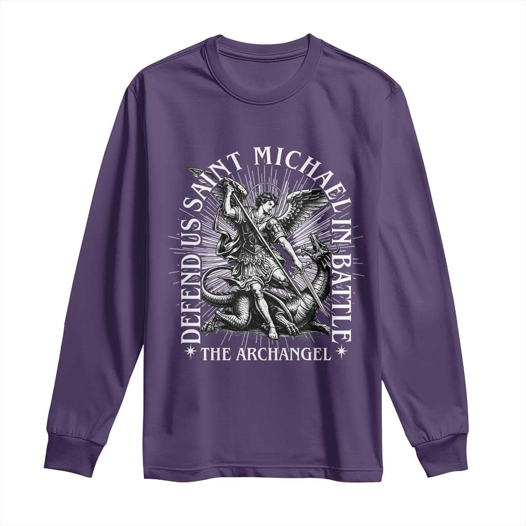 Saint Michael Defend Us In Battle Long Sleeve Shirt Catholic Protection Gift TS12 Purple Print Your Wear