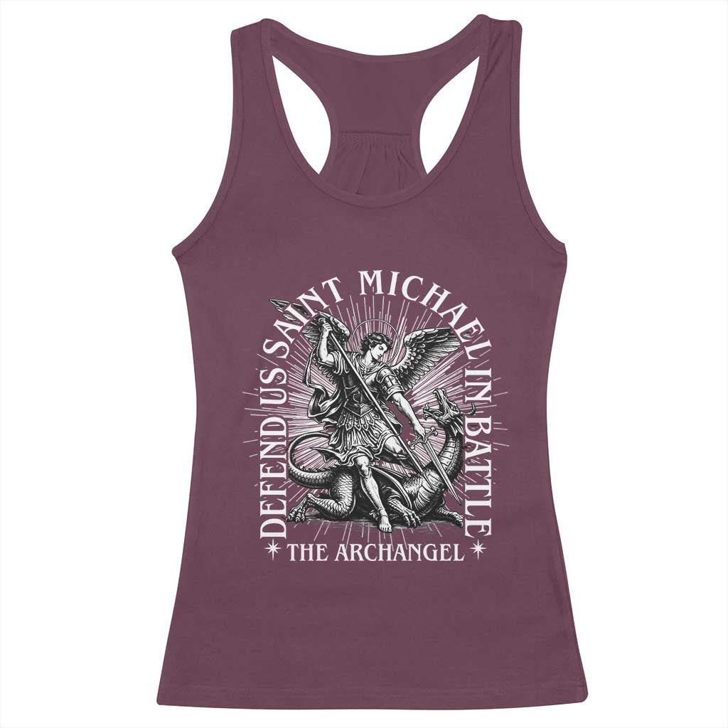 Saint Michael Defend Us In Battle Racerback Tank Top Catholic Protection Gift TS12 Maroon Print Your Wear