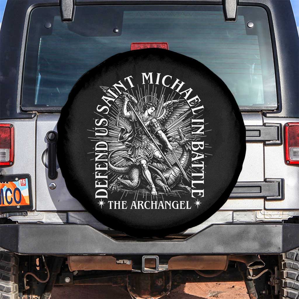 Saint Michael Defend Us In Battle Spare Tire Cover Catholic Protection Gift TS12 No hole Black Print Your Wear