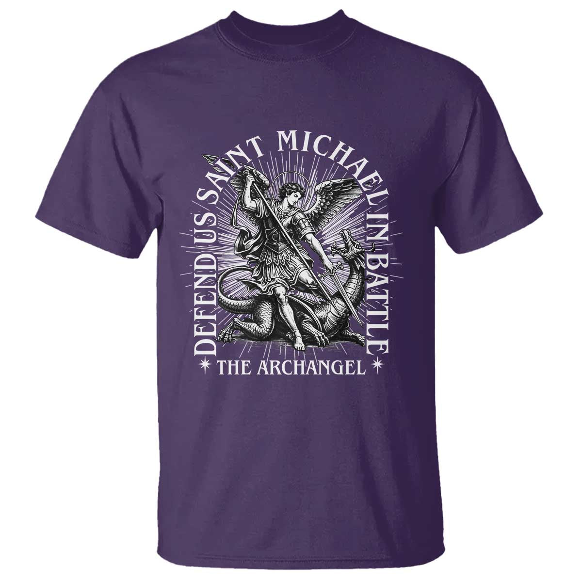 Saint Michael Defend Us In Battle T Shirt Catholic Protection Gift TS12 Purple Print Your Wear