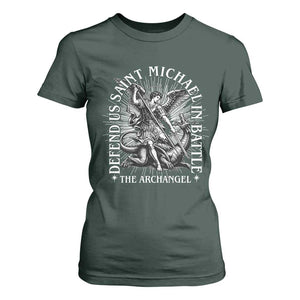 Saint Michael Defend Us In Battle T Shirt For Women Catholic Protection Gift TS12 Dark Forest Green Print Your Wear