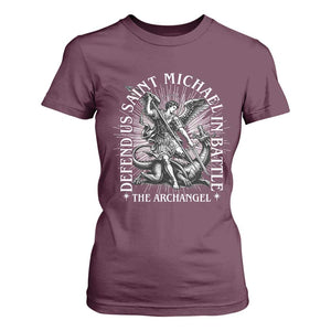Saint Michael Defend Us In Battle T Shirt For Women Catholic Protection Gift TS12 Maroon Print Your Wear