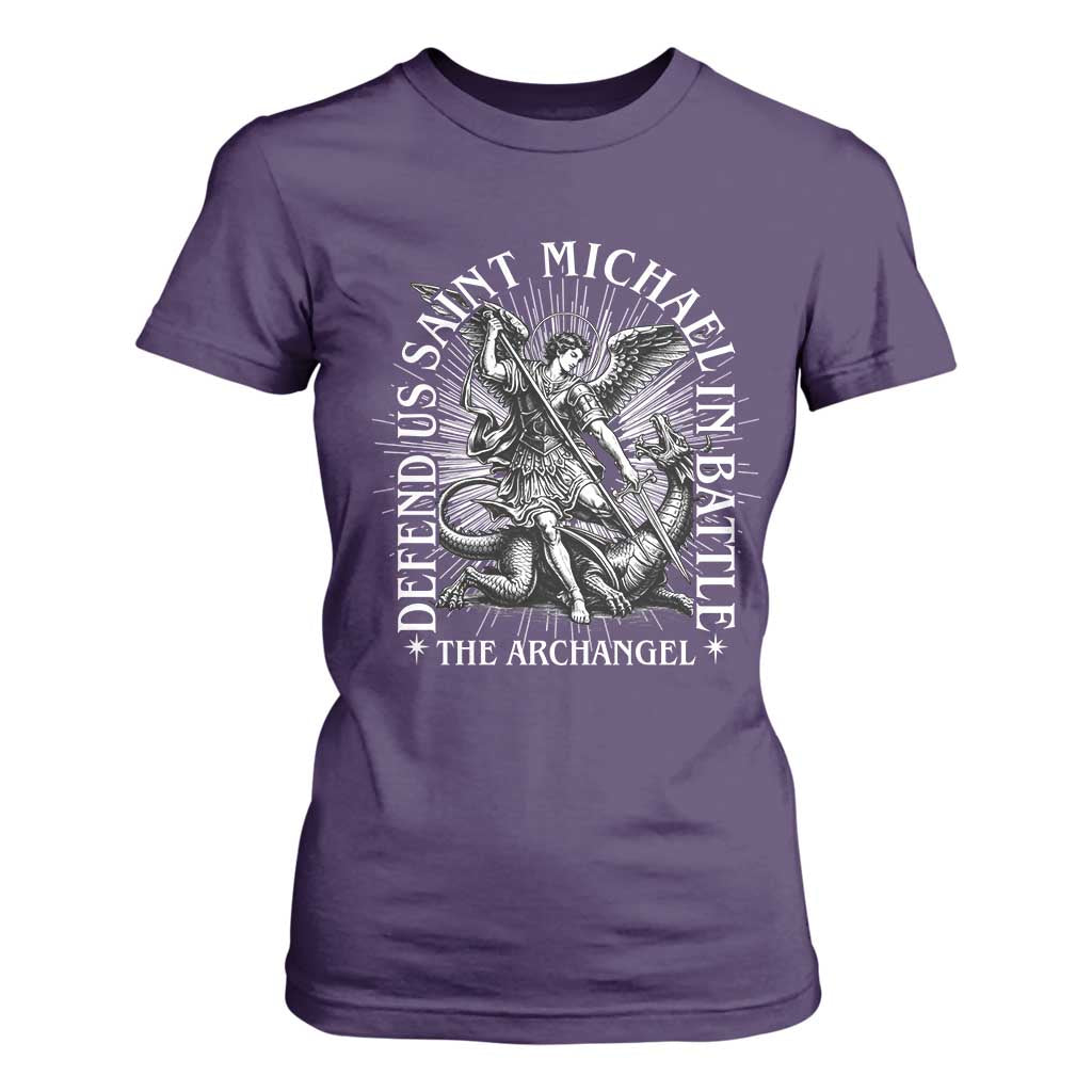 Saint Michael Defend Us In Battle T Shirt For Women Catholic Protection Gift TS12 Purple Print Your Wear