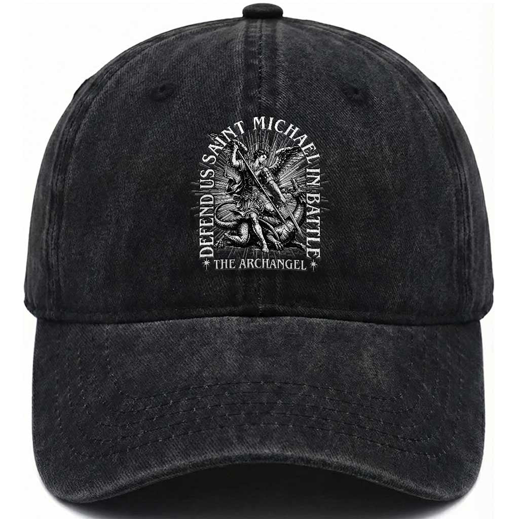 Saint Michael Defend Us In Battle Washed Cotton Baseball Cap Catholic Protection Gift TS12 Print Your Wear