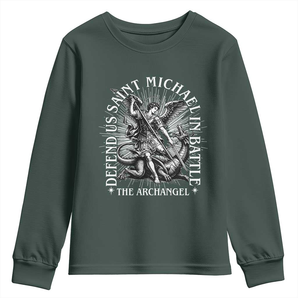 Saint Michael Defend Us In Battle Youth Sweatshirt Catholic Protection Gift TS12 Dark Forest Green Print Your Wear