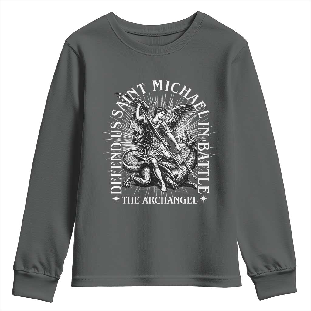 Saint Michael Defend Us In Battle Youth Sweatshirt Catholic Protection Gift TS12 Dark Heather Print Your Wear